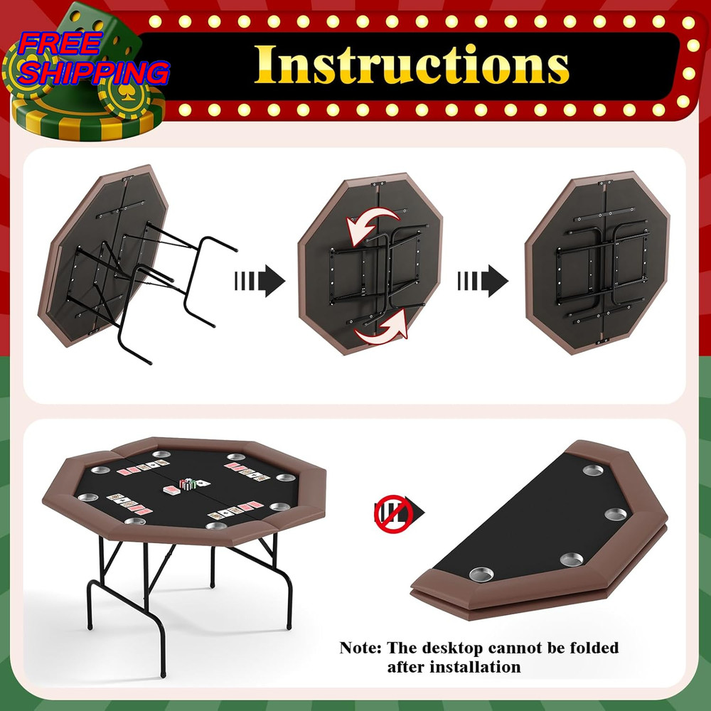 8 Player Poker Table Octagon Foldable Card Table with Locking Collapsible Legs