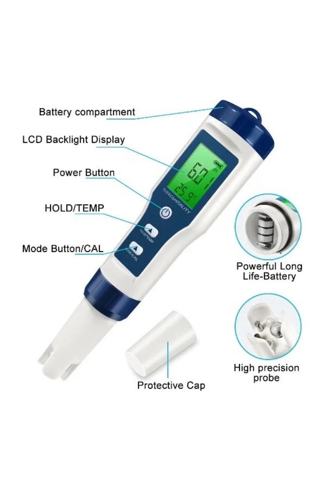 Digital pH & Temperature Meter LCD Backlight Display, Auto Temp Compensation