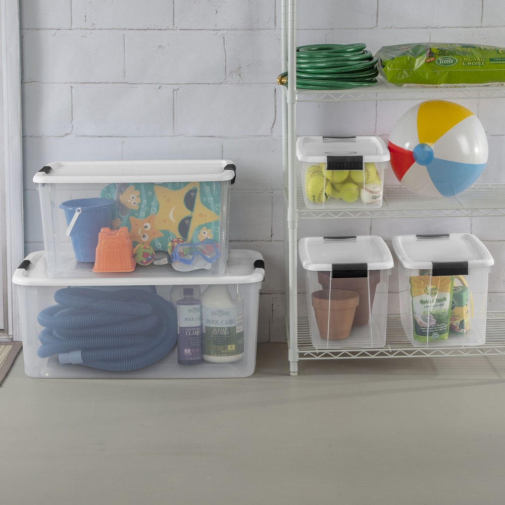 Sterilite 70 Qt Clear Plastic Stackable Storage Bin w/ White Latch Lid, (8 Pack)