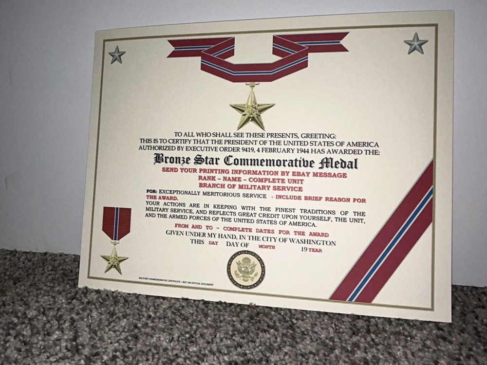 BRONZE STAR MEDAL COMMEMORATIVE CERTIFICATE ~ TYPE-2 w/PRINTING