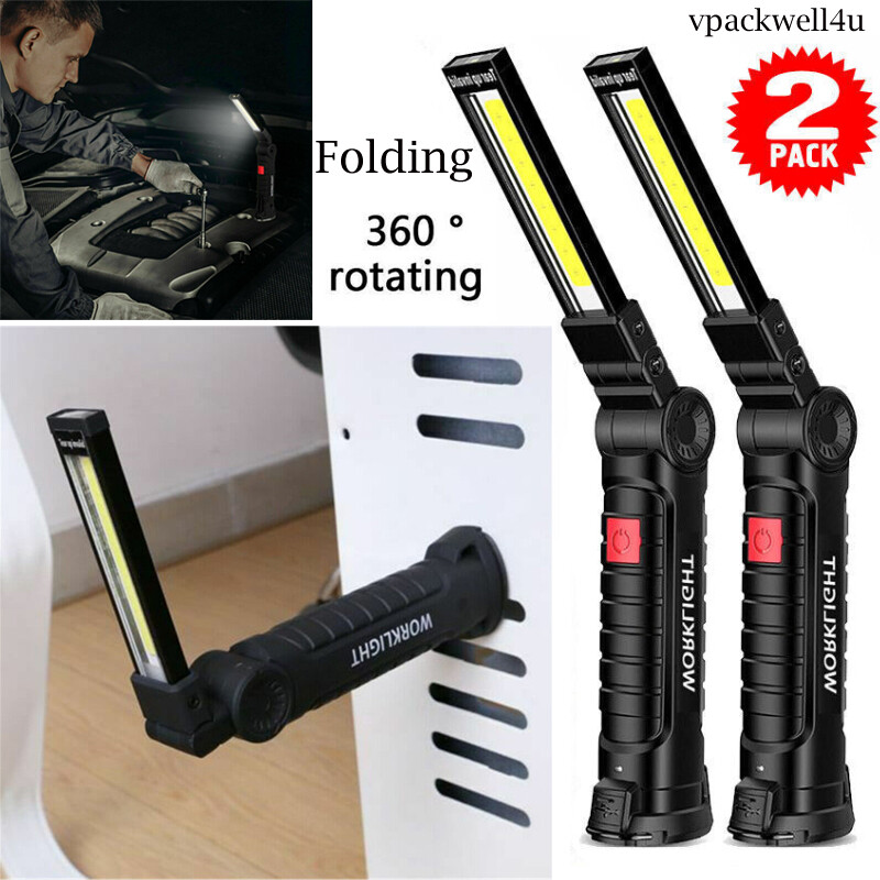 2PCS USB Rechargeable LED Work Light with Magnetic Base & Folding Torch Design