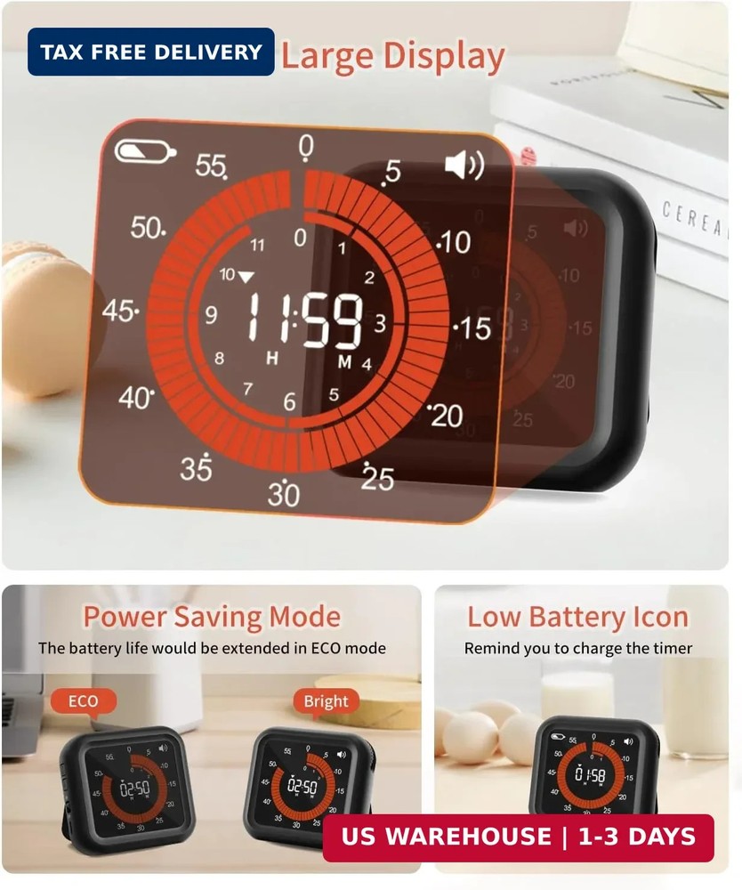 Digital Visual Timer - Large Display Magnetic Countdown Timer with Adjustable Vo
