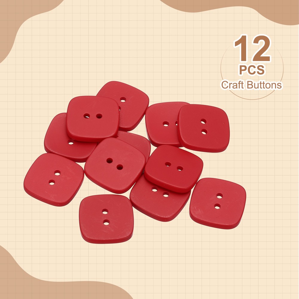 12pcs Sewing Button 25mm (1") 2 Holes Square Resin Button, Red