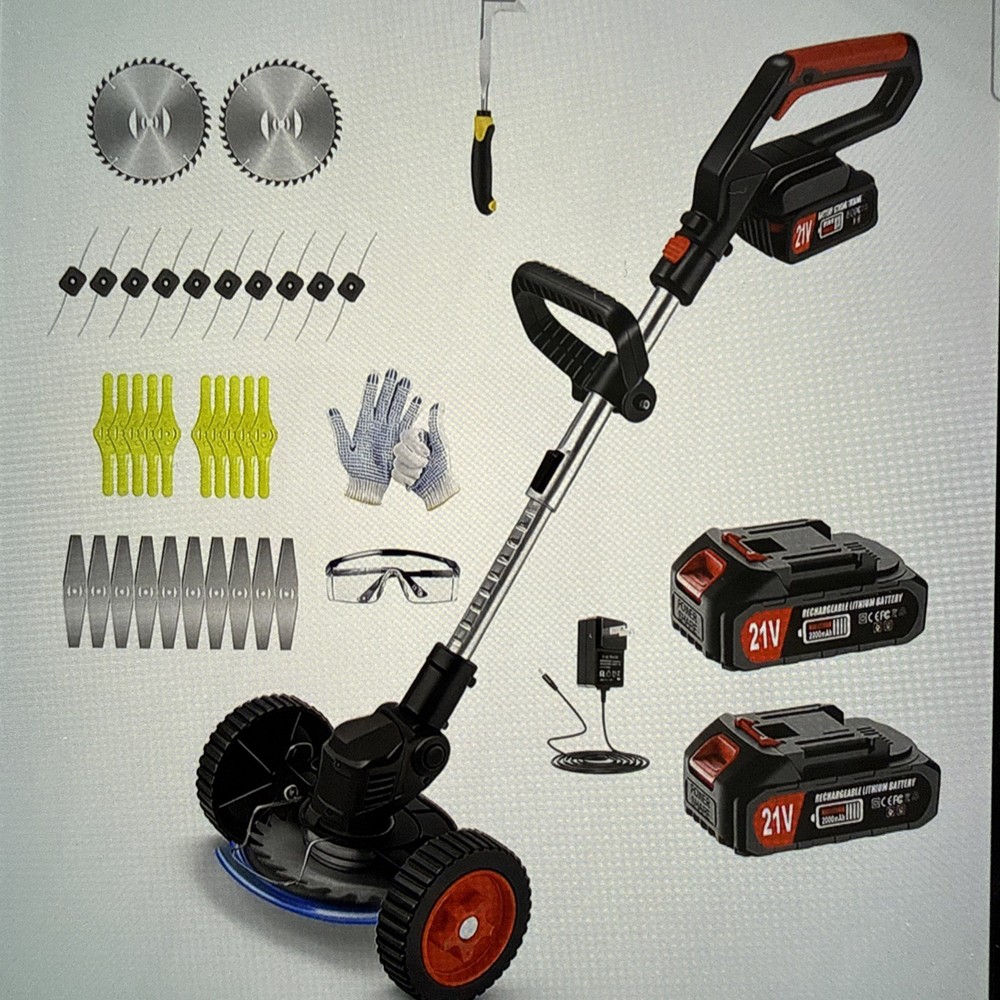 Electric Cordless Weed Wacker, 2x 21V Battery, Wheels, Fast Charge, Stringless