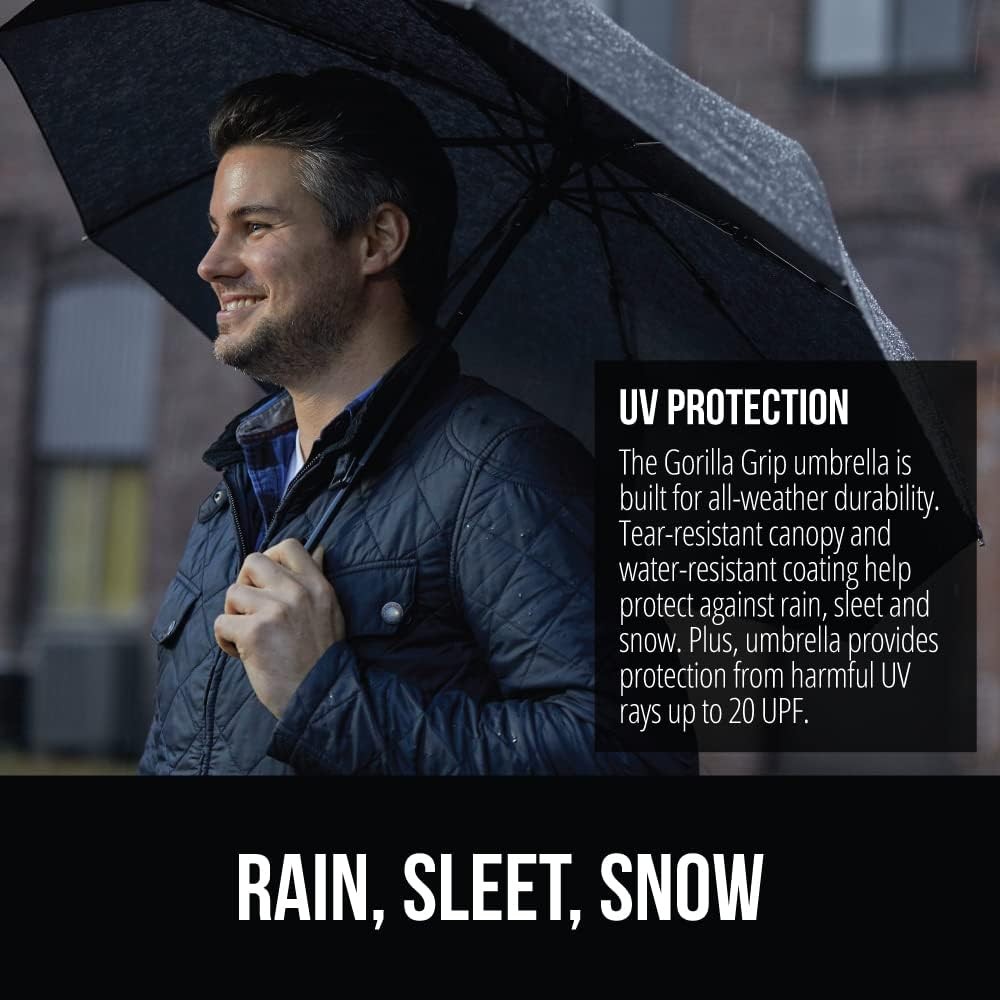 GORILLA GRIP Strong Windproof Stick Compact Umbrella for Rain, One-Click Automat