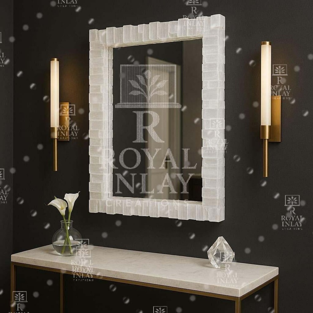 Rectangular Selenite Crystal Mirror – Gemstone Wall Art – Luxe Foyer Decor
