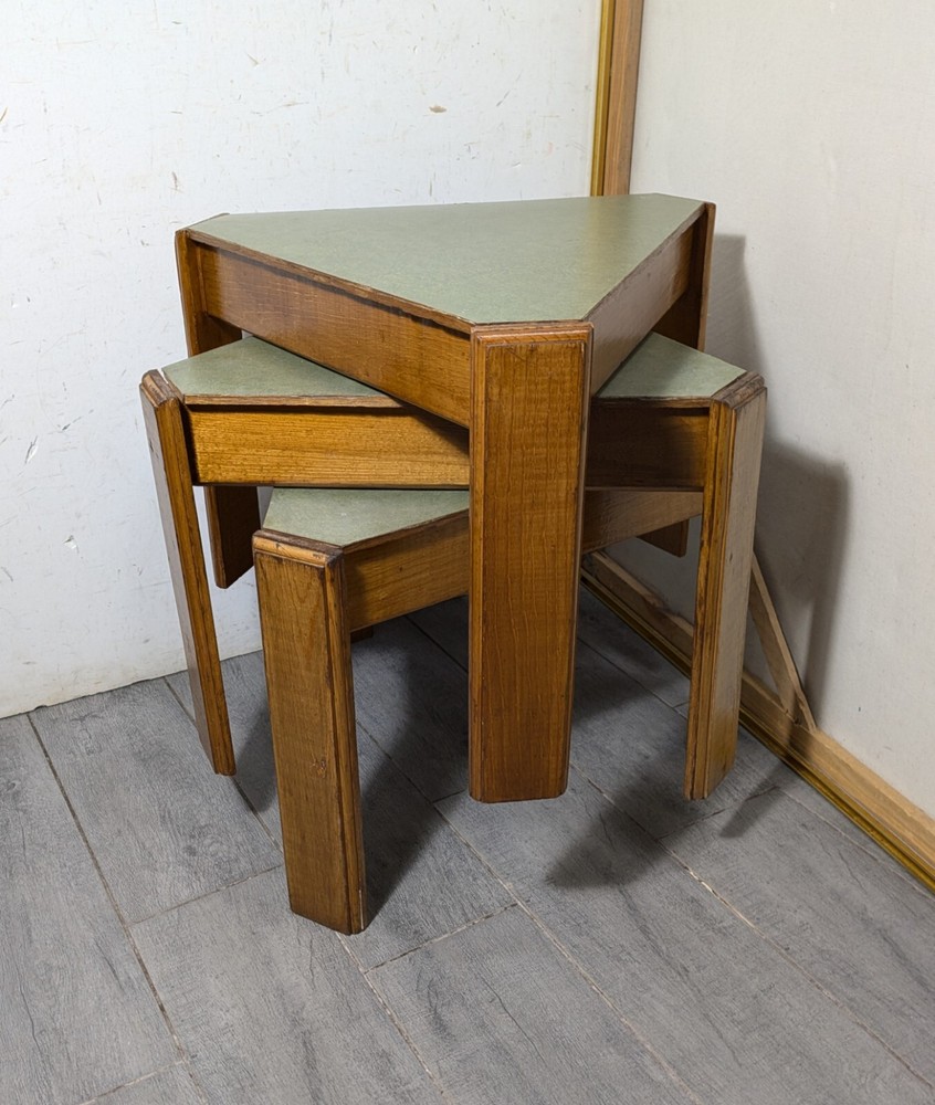 Vintage Set of 3 Mid Century Modern Triangular Wood Stacking Nesting Tables
