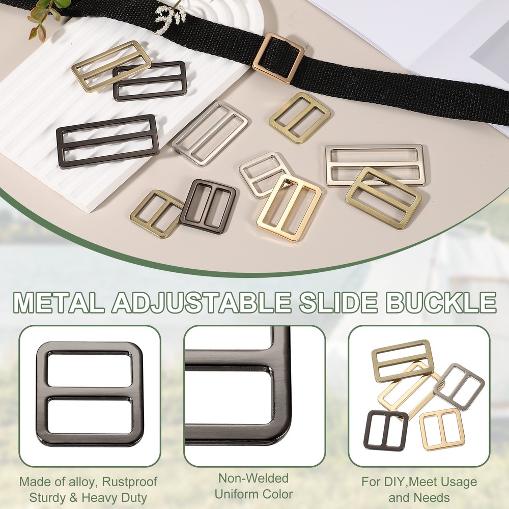 Slide Tri-Glide Buckle, 3/4"Metal Adjustable Slide Rectangle 6 Pcs & Black