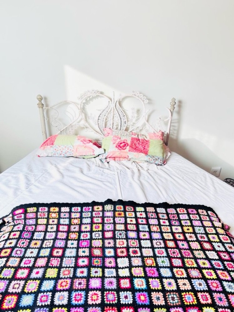 Crochet Granny Square Blanket 68x45 Black Multicolor Boho Throw