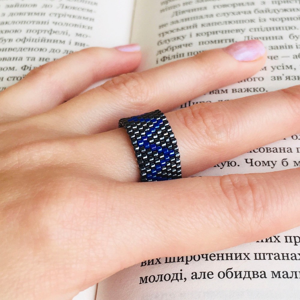Geometric Beaded Ring, Custom Miyuki Seed Bead Wide Band Ring, Zigzag Pattern