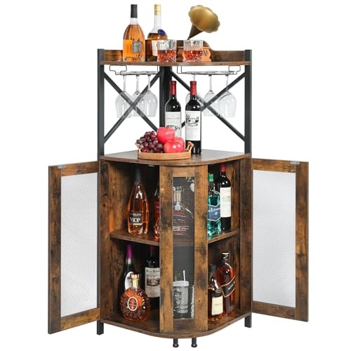 Corner Bar Cabinet with LED 4-Tier Rustic Brown with LED Lights