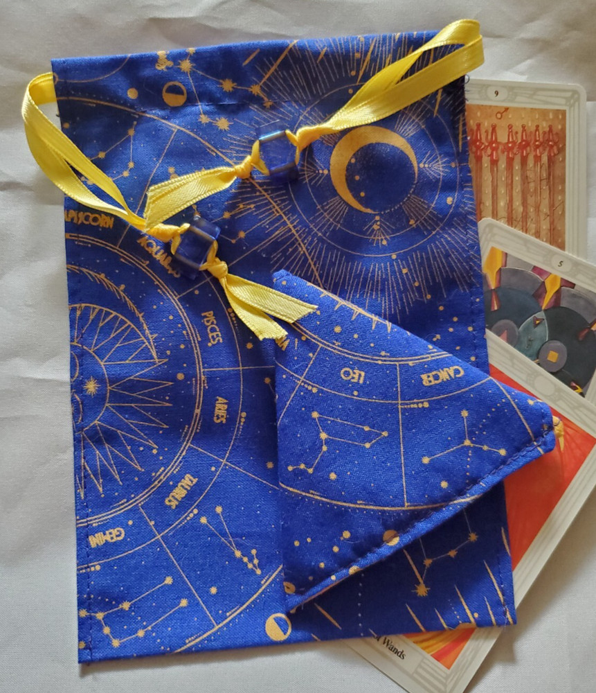 Tarot/Oracle Card Drawstring Bag Handmade Blue Moon Sun PLUS Crystal Pouch
