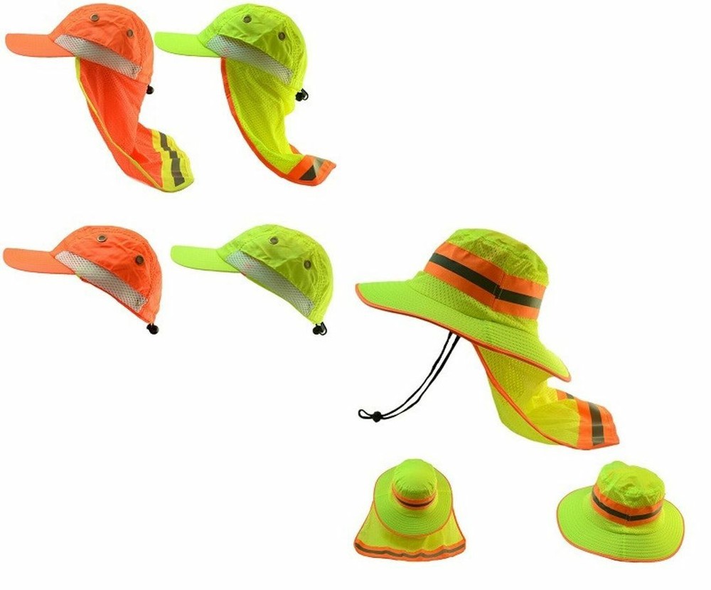 Construction Soft Hat Sun Shade Reflective Stripe Neck Shield Wide Brim Yellow