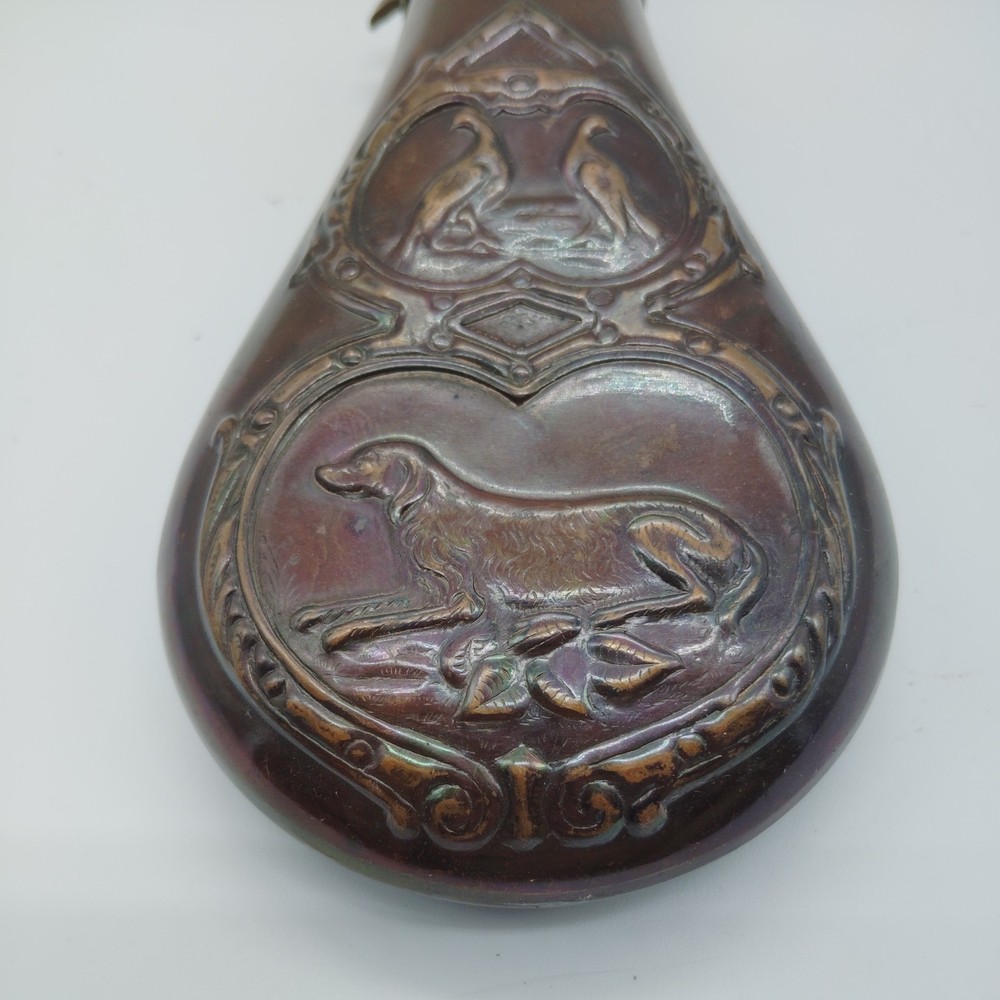 Vintage Brass black Powder Flask Embossed Shell Design Civil war ? Muzzleloader