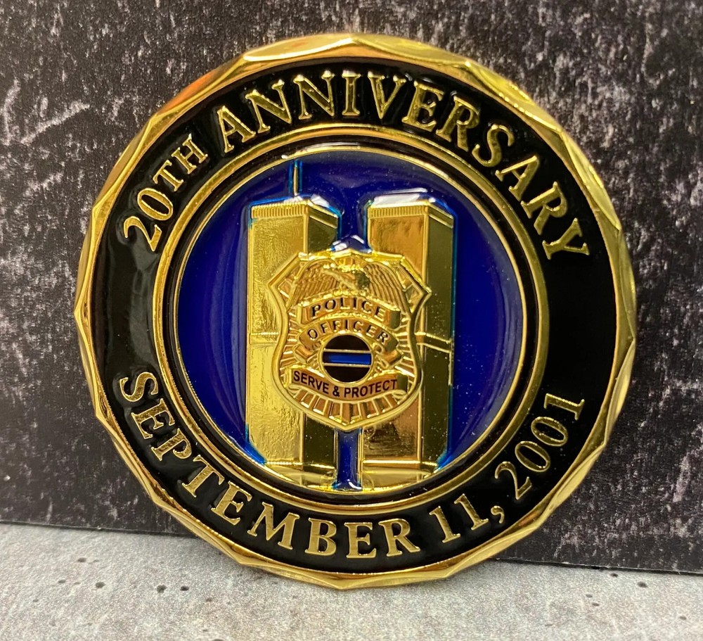 9-11 20th Anniversary NEVER FORGET WTC Thin Blue Line Shield CHALLENGE COIN
