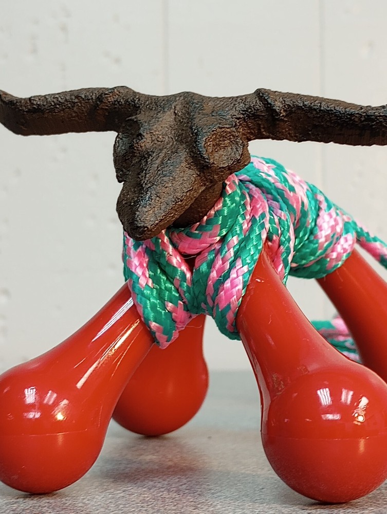 MICRO Mini Rustic Cast Longhorn Roping Dummy w/ Hot Pink Turquoise Braid