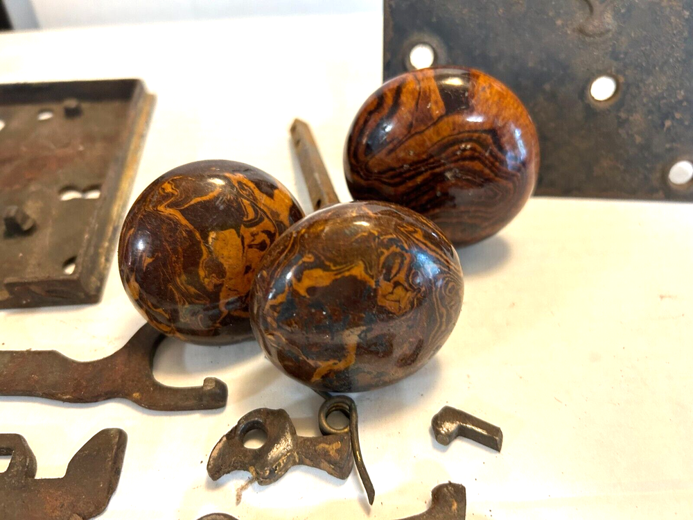 Vintage Porcelain Brown & Black Marbled Set Door Knobs with Metal Latch
