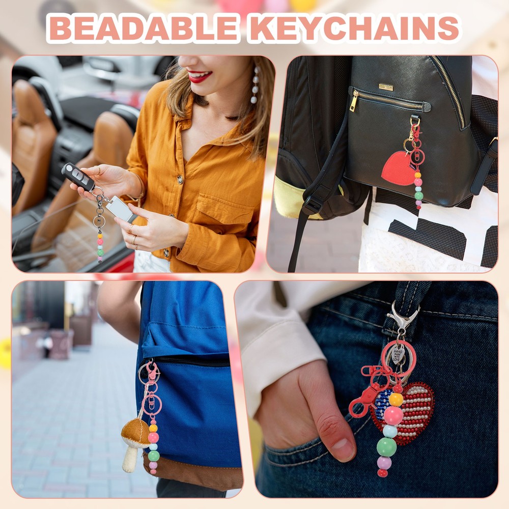 12Pcs Beadable Keychains, DIY Beaded Keychain Making Kit, Black