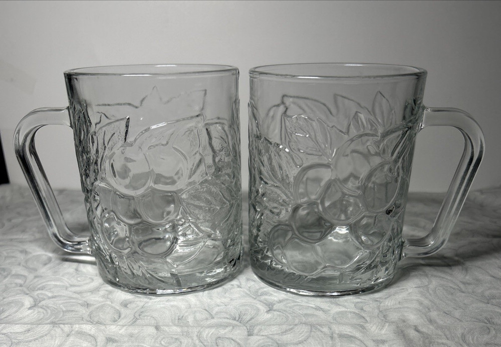 2 KIG Indonesia Clear Glass Grape & Leaf Pattern Cups Mugs 4"