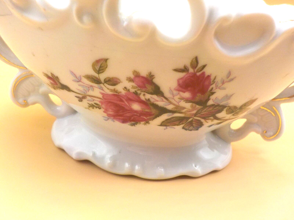 Vintage Porcelain Moss Rose pattern oval planter with raised embossed design