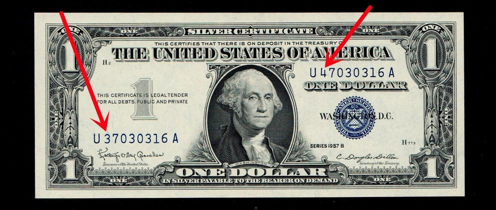 1957-B 1$ Silver Certificate Mismatched Serial Number Error GEM UNC