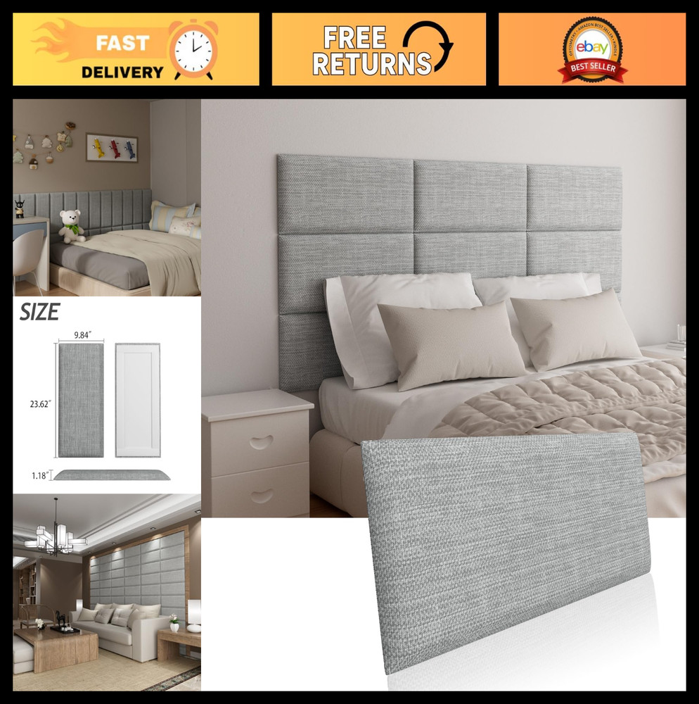Light Grey Upholstered Wall Mounted Headboard for Twin Bed, 4 Peel & Stick Panel
