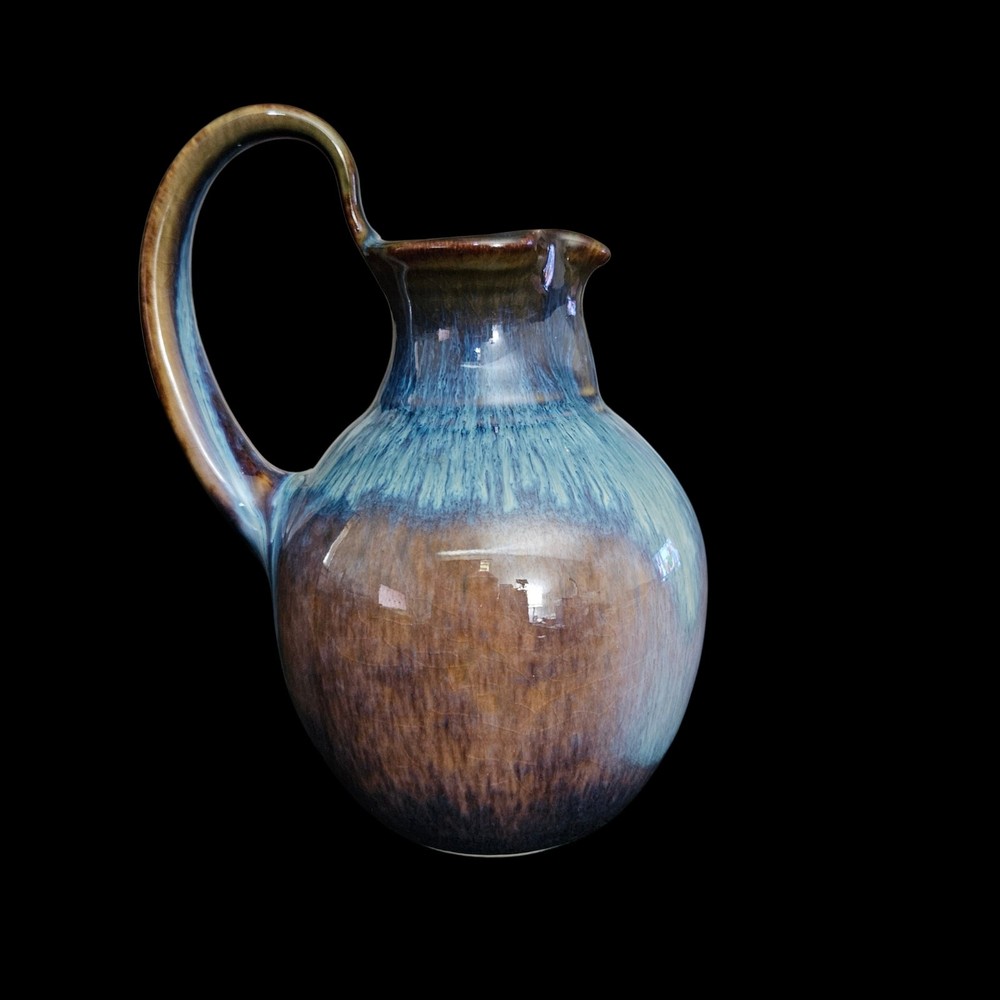 Vintage Studio Pottery Pitcher Blue Brown Drip Glaze Ceramic Jug
