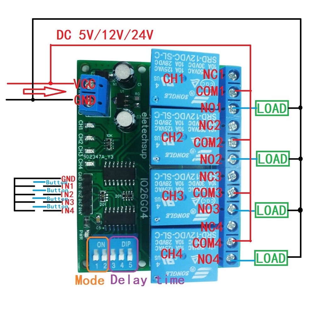24V 4CH Toggle/ Delay Dip Switch Relay Flip-Flop Bistable Self-locking Trigger