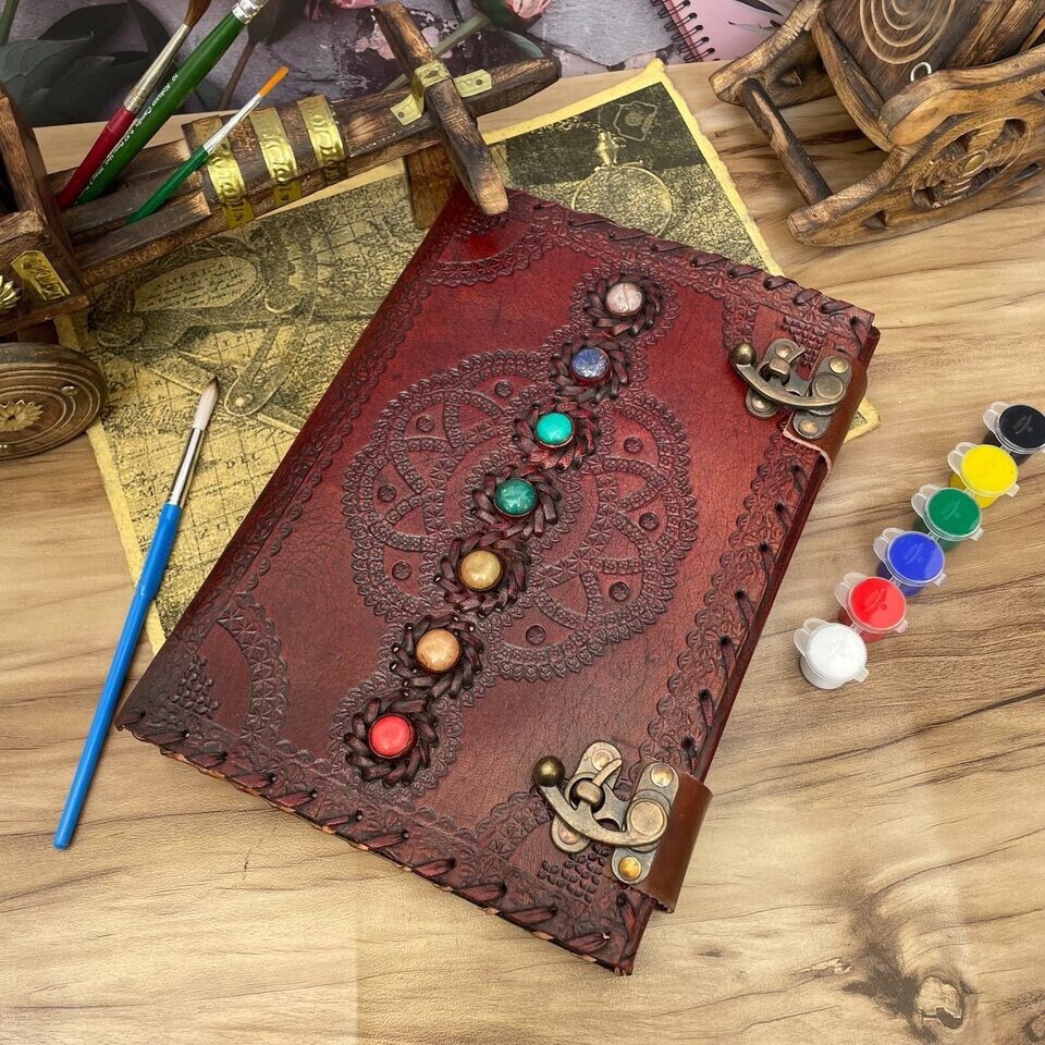 13" Brown seven stone Leather Journal | leather grimoire book | Leather Notebook