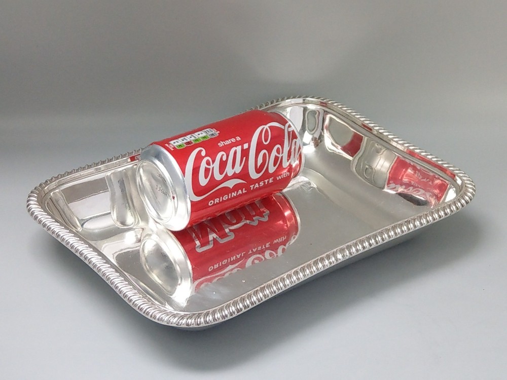 Large rectangle Sheffield plated serving dish with rope rim and ornate handle