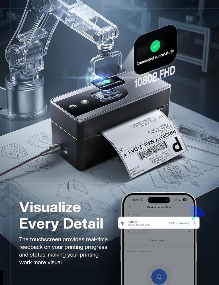 Phomemo PM64D Touchscreen Thermal Label Printer Bluetooth+USB NEW with Holder