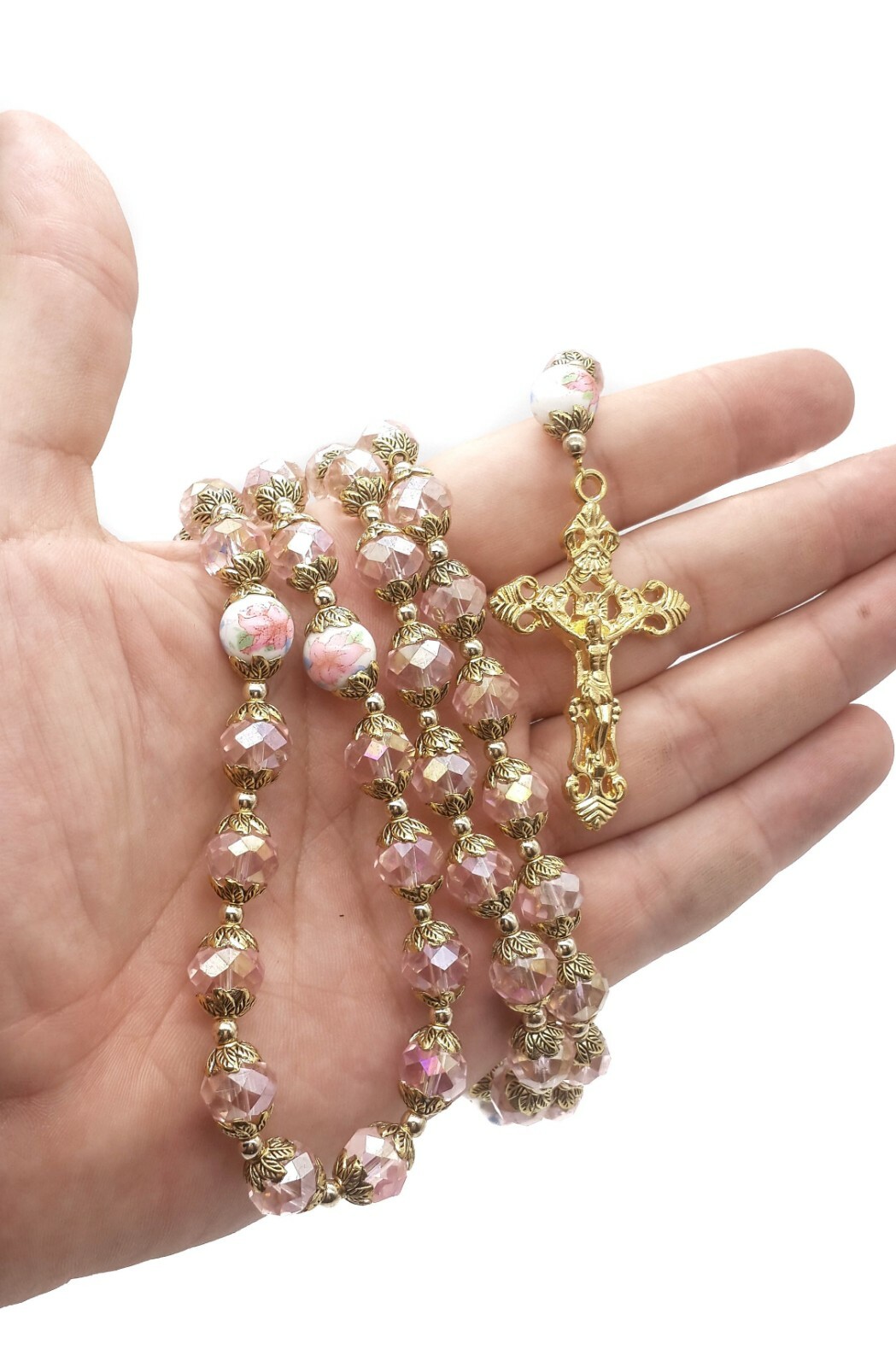 Pink Crystallized Beads Gold Rosary Catholic Holy Mary Locket Medal & Crucifix