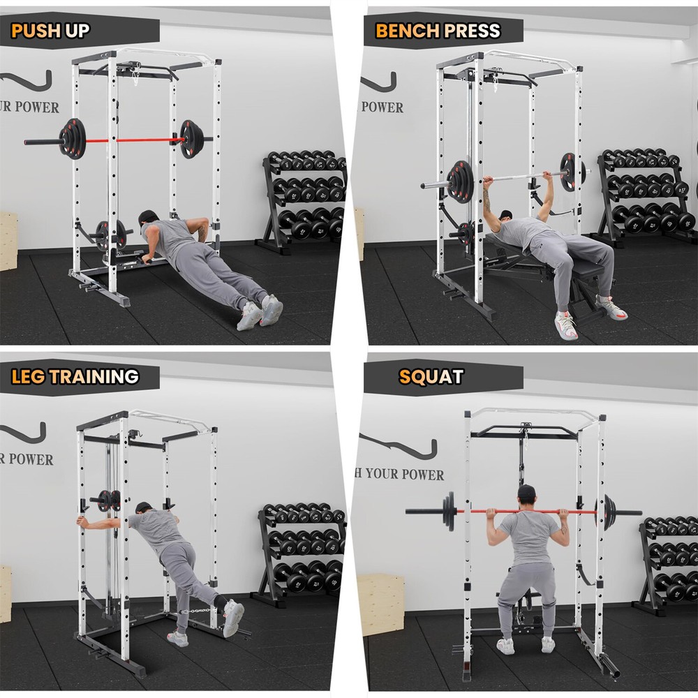 Power Cage W/LAT Pulldown Multi-Functional Power Rack W/Cable Pulley System