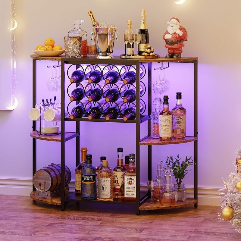 Smart LED Wine Bar Cabinet W/ Storage Glasses & Bottles Multi-Functional Decor