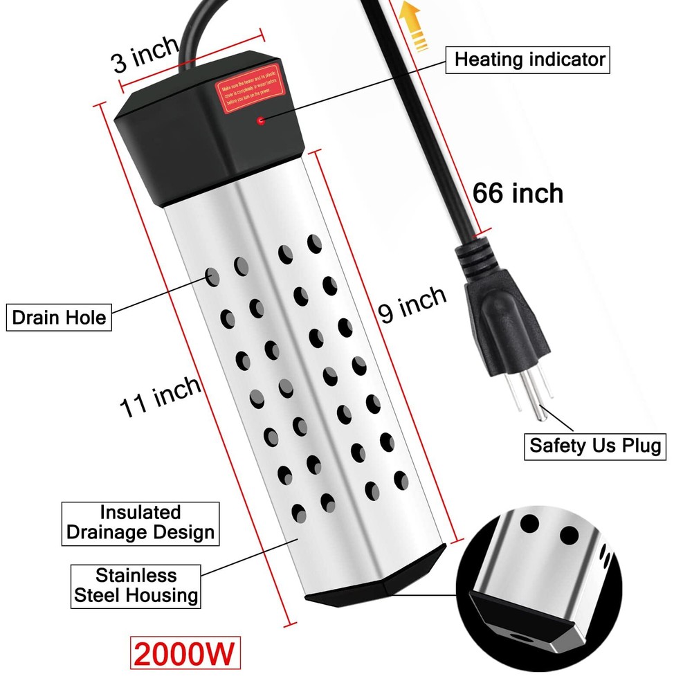 2000W Immersion Water Heater Portable Bucket Heater with 304 Stainless Steel ...
