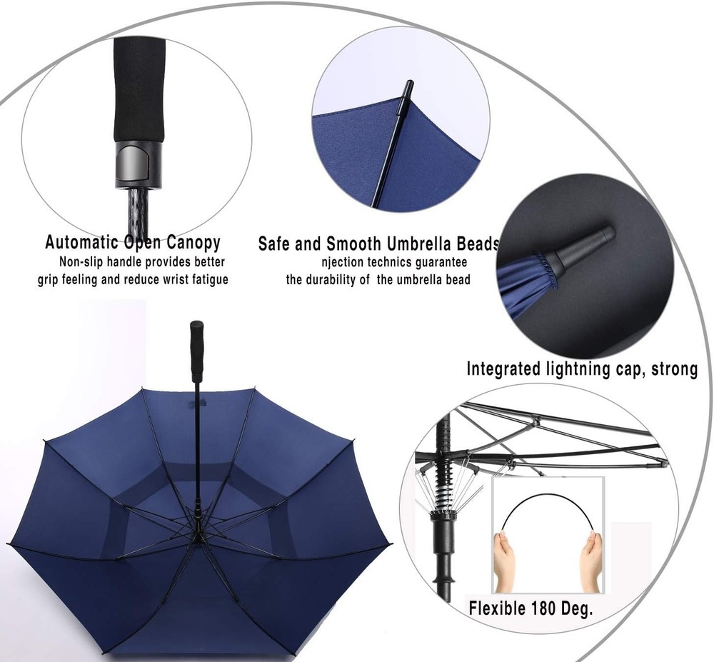 62in Large Golf Umbrella, Double Canopy, Windproof Waterproof, Auto Open