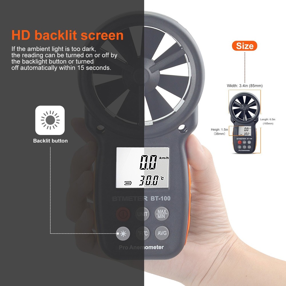 Handheld Anemometer HVAC Digital Wind Speed Meter 30m/s Wind Temperature Backlit