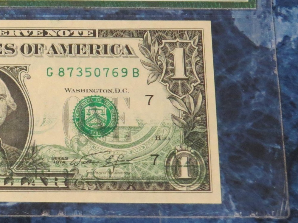 2 1974 $1 FR Notes Chicago Offset Printing Error PMG 64EPQ – Consecutive Serials