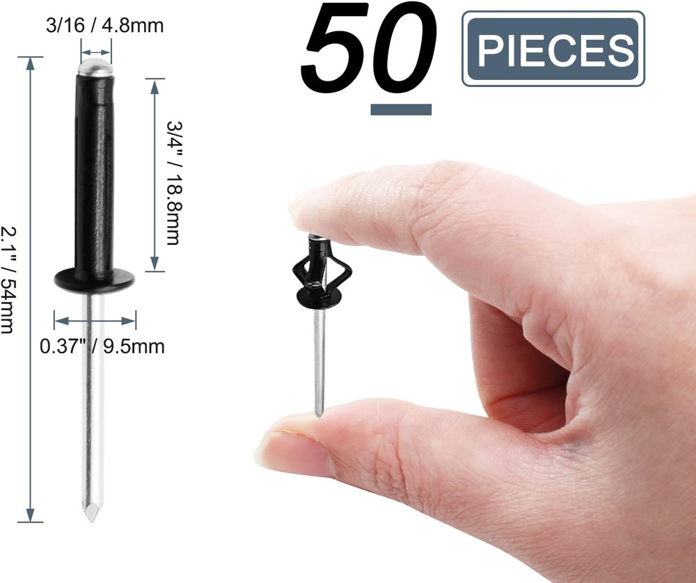 50Pcs 3/16" X 1" Tri Grip Rivets Assortment, Black Trifold Exploding Pop Rivets