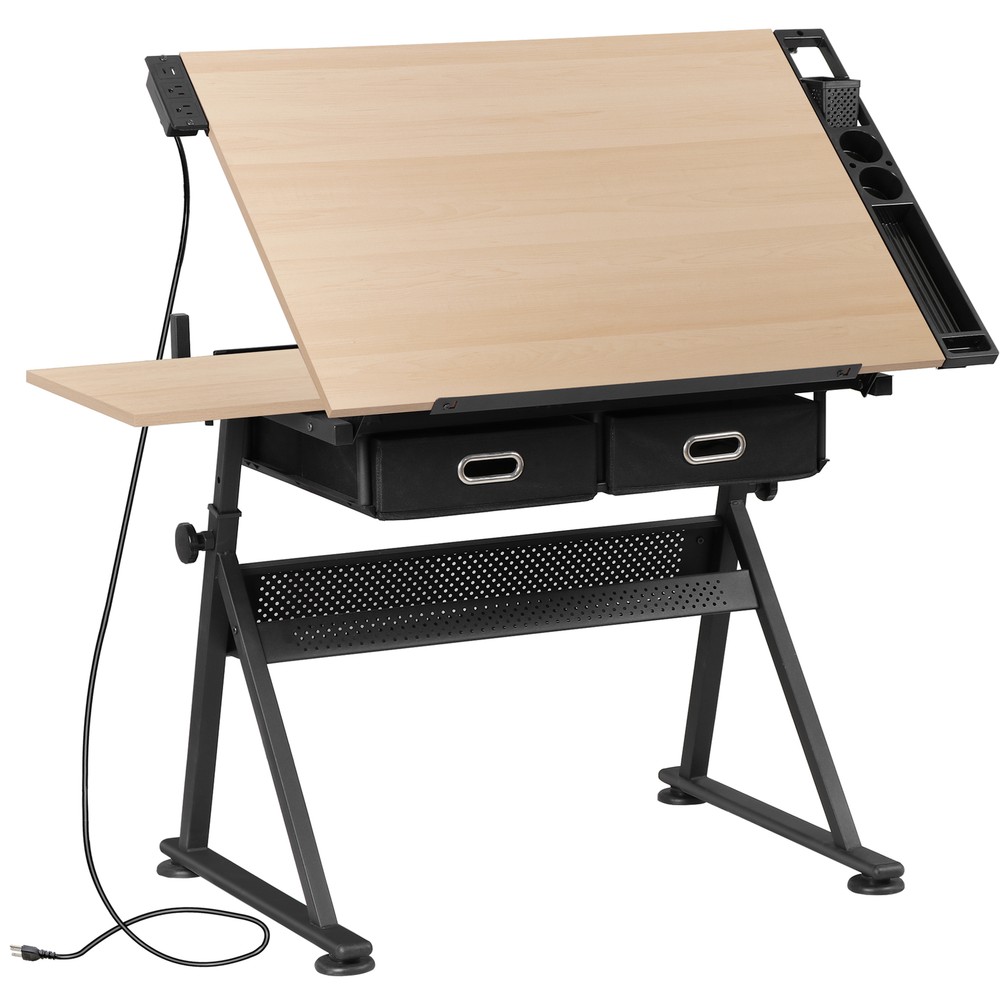 Drawing Drafting Table Stage Platform Adjustable Height W/ Stool Outlet Natural