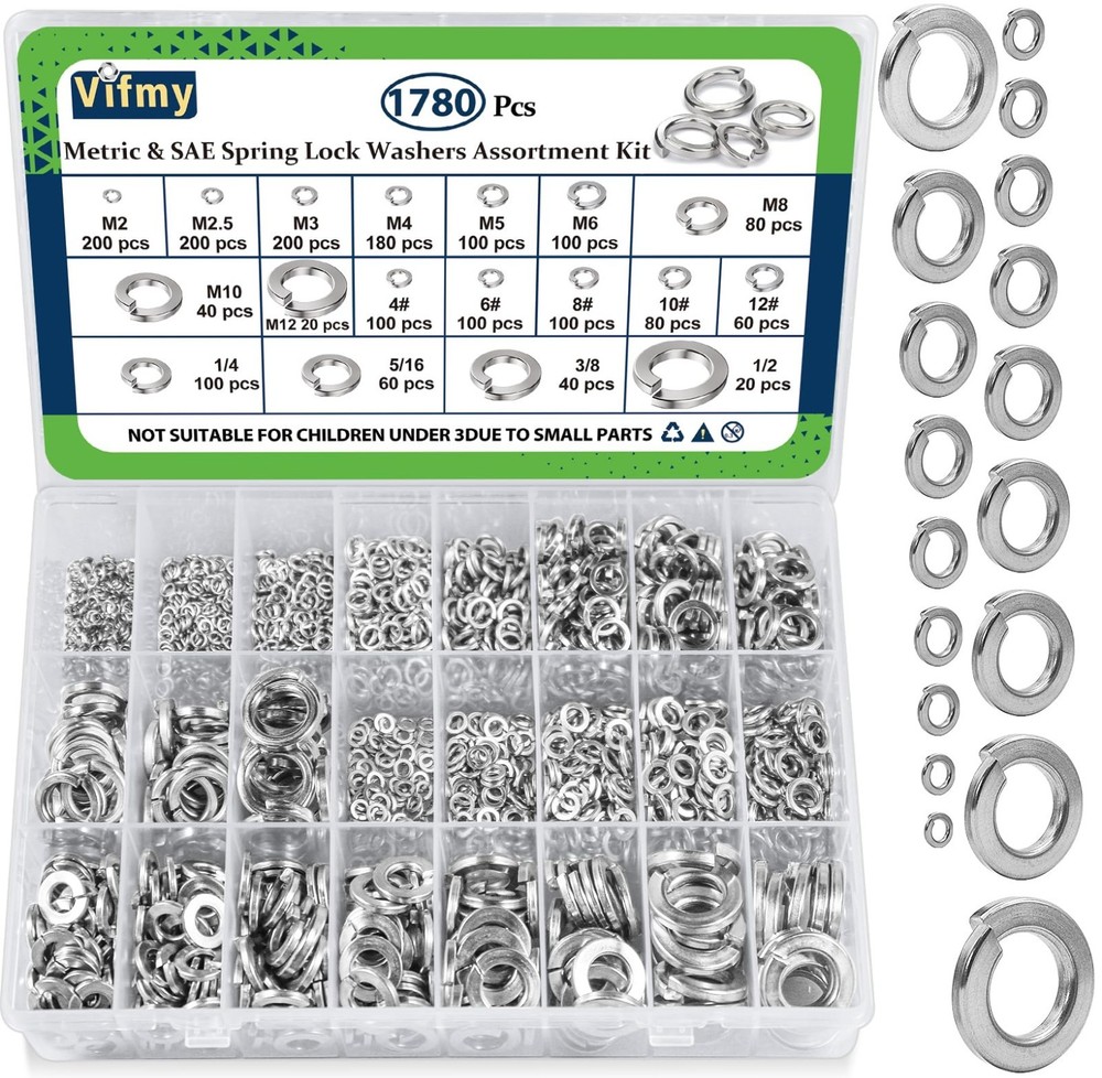 Spring Lock Washers Assortment Kit 1780 Pcs - Metric & SAE Split Washers, 304 SS