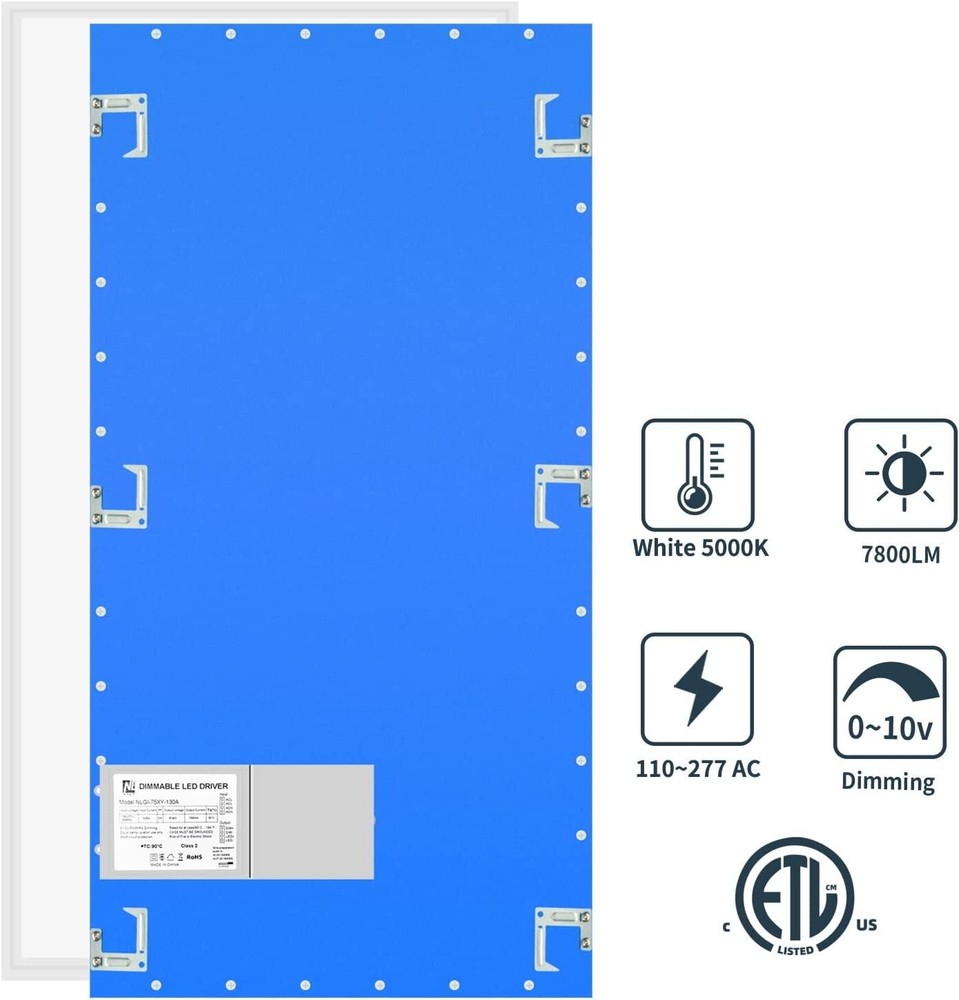 2-Pack, 2x4 LED Troffer Ceiling Panel Light, 75W, 5000K, 7800LM, 0-10V Dimmable