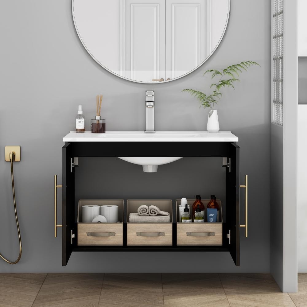 Bathroom Vanity with Ceramic Basin Sink Double Doors Features Soft-Close Hinges