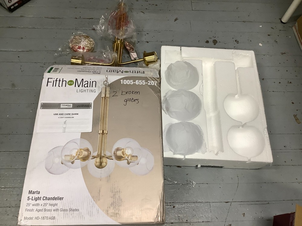 FIFTH & MAIN LIGHTING MARTA 5 LIGHT CHANDELIER AGED BRASS HD-1870 AGB MISSING