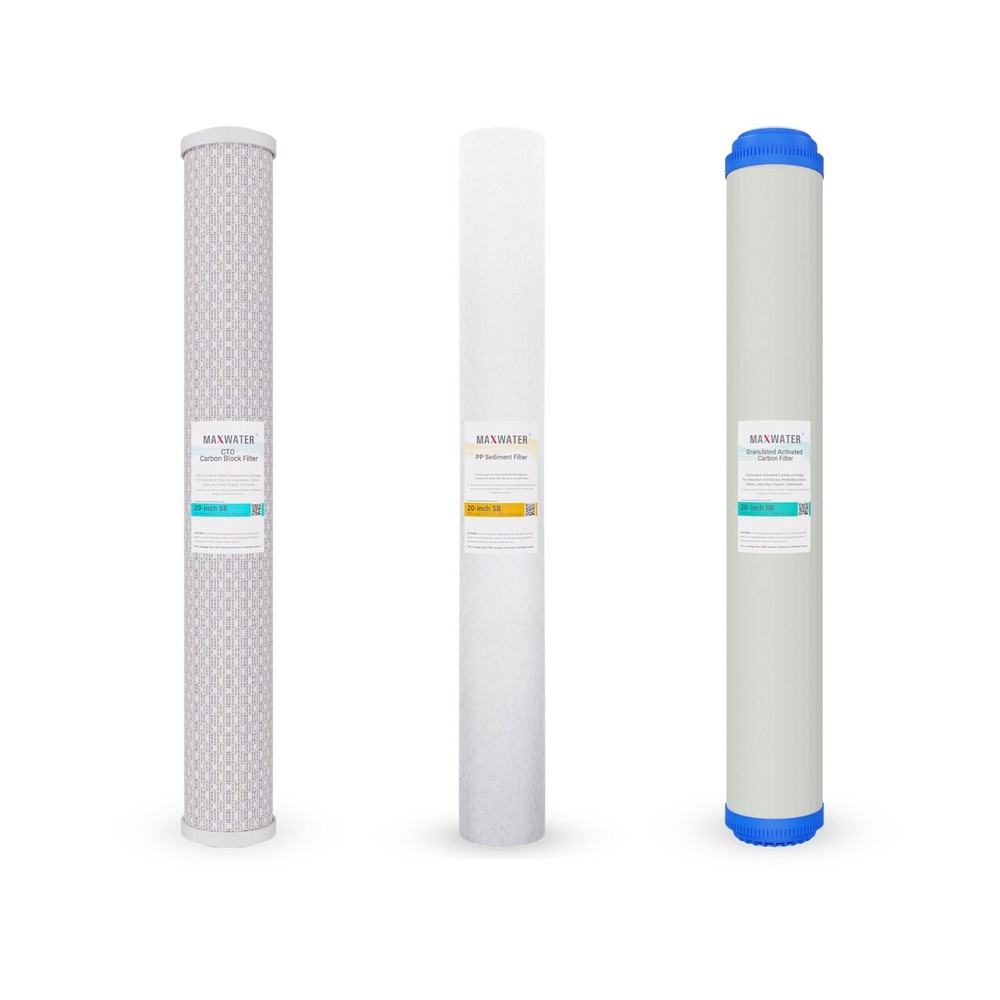 Max Water Whole House Water Filter Set 20" x 2.5" Coconut Shell Carbon, Sediment