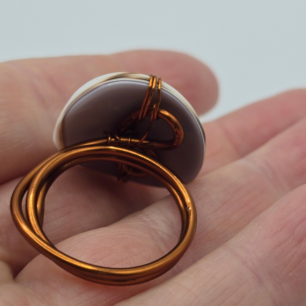 Handmade Shell Wire Wrapped Ring Women Size 8.5 White Brown Copper Boho
