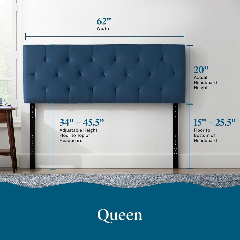 Luxurious Cobalt Upholstered Headboard with Diamond Tufting & Adjustable Height