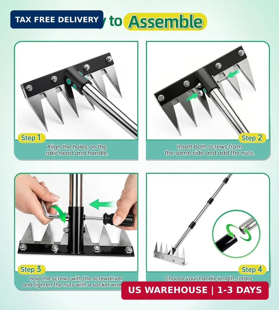 Weed Rake Tool Iron Weed Puller with 71" Adjustable Long Handle, 6 Teeth Garden
