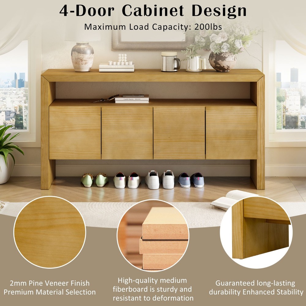 60" Modern Minimalist Solid Wood Veneer Sideboard (4 Doors+Open Shelf, Natural