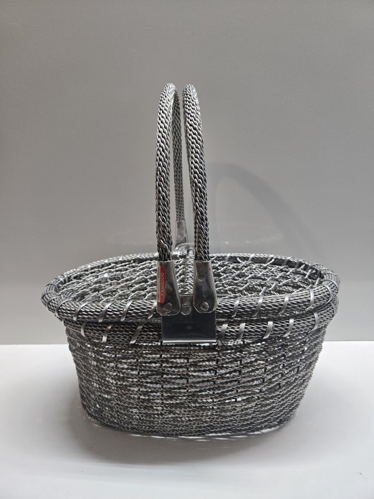 Vintage, Medium Silver Wired Picnic Basket, with a Drop Down Woven Handle